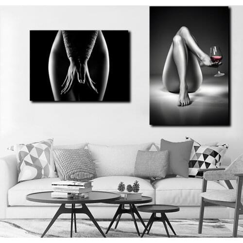 Sexy Girl Nude Woman Wine Glass Black White Art Canvas Poster Painting Wall Picture Print Home Bedroom Decoration Framework HD