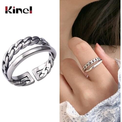 Kinel 925 Sterling Silver Double layer Twine Rings For Women Adjustable Geometric Irregular Silver Rings Novelty Vintage Jewelry