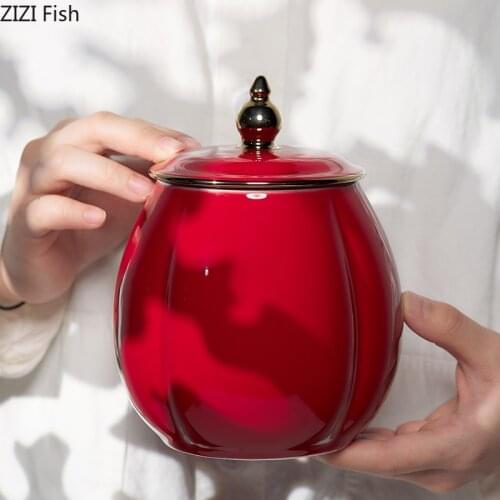 Creative Red Ceramic Tea Caddy Large Capacity Sealed Storage Jar Living Room Desktop Ornament Modern Home Furnishing Decoration