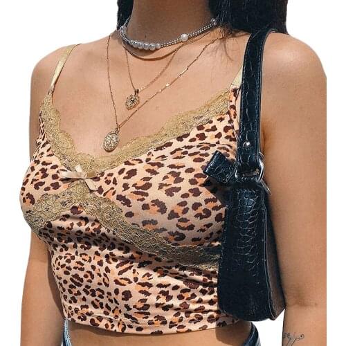 Womens Leopard Print Sleeveless Camisole V Neck Lace Trim Tank Top