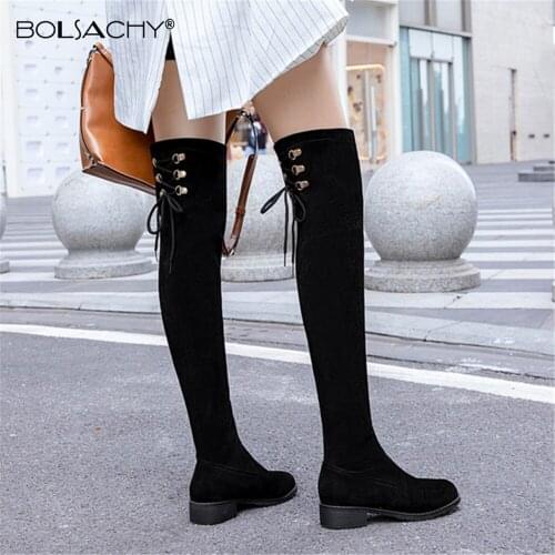 2021 Winter Over The Knee Boots Women Stretch Fabric Women Thigh High Sexy Lace Up Woman Flat Shoes Long Bota Feminina Size34-43