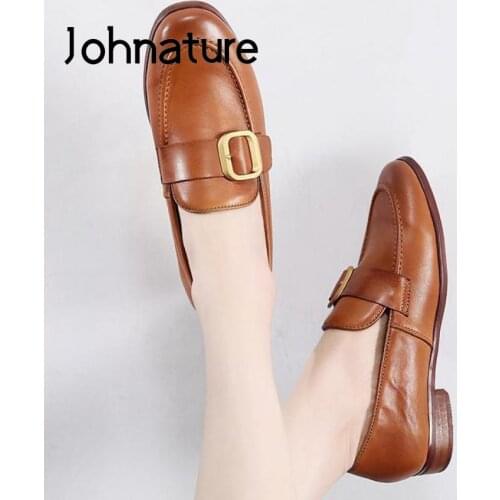 Johnature Flats Women Shoes 2021 New Spring/Autumn Handmade Genuine Leather Retro Concise Shallow Round Toe Casual Ladies Shoes