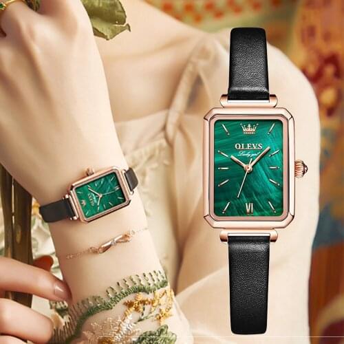 OLEVS Fashion Green Dial Quartz Vintage Ladies Wristwatches Dropshipping Women Leather Strap Rose Gold Watches Reloj de mujer