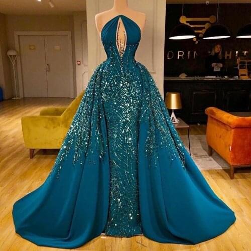 Elegant Navy Mermaid Evening Dresses with Detachable Train 2020 Sequins Keyhole Sexy Prom Gowns Beads Formal robe de soiree