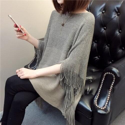 2021 spring and autumn fashion new womens shawl fringed knit cape bat shirt female Korean round neck pullover top