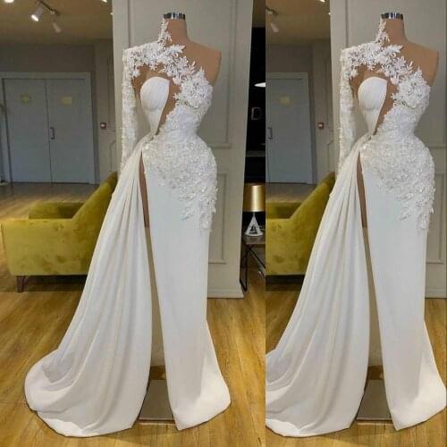 Arabic Dubai Evening Dresses One Shoulder Lace Appliques Flowers Beads Long Sleeves Split Prom Dress Carpet Formal Party Gowns