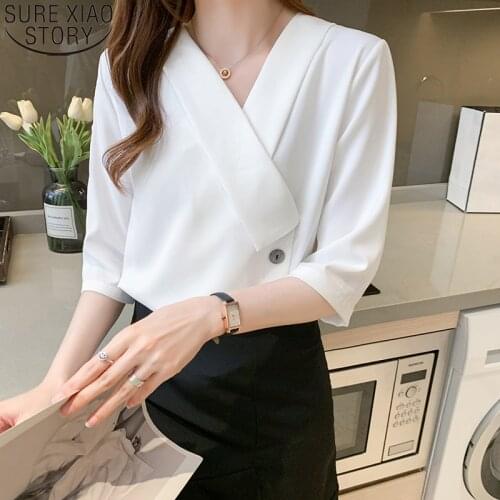 2021 New Korean Fashion Half Sleeve V-neck Shirts Office Lady Summer Chiffon Blouses Women Tops Button Female Clothing 14759