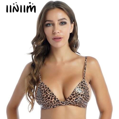 Womens Leopard Print Bras Faux Leather Unlined Wireless Push Up Intimates Bra Underwear Adjustable Spaghetti Strap Bikini Top