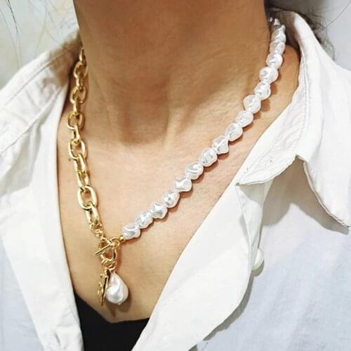 Fashion 2 Layers Baroque Irregular Pearl Lock Chains Necklace 2020 Geometric Coin Pendant Love Necklaces for Women Punk Jewelry
