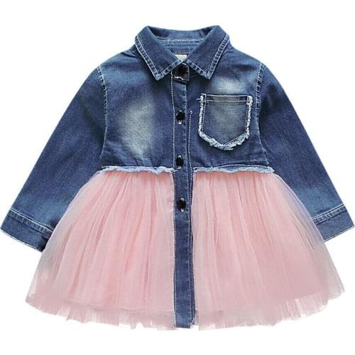 Citgeett Toddler Kid Baby Girls Long Sleeve Shirt Collar Denim Tulle Party Tutu Sun Patchwork Novelty Dress