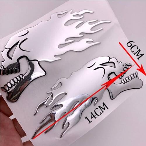 FASP 2Pcs/Pair Silver fire 3D Ghost Skull Head Auto Motorcycle Car Sticker Emblem Decals