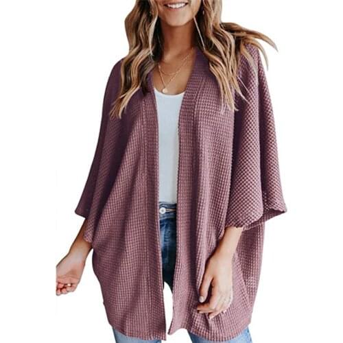 CINESSD Women 3/4 Bat Sleeved Waffle Cardigan Coat 2021 Solid Casual Loose Open Stitch Jackets Autumn Knit Cotton Cardigan Coats