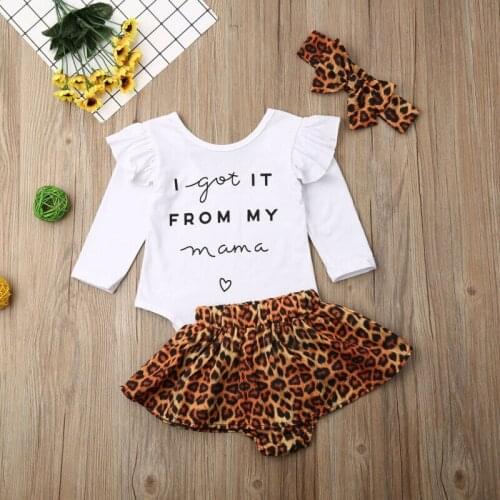 Toddler Baby Girl Set Clothes Romper + Skirt + Headband Outfits Letter Print Long Sleeve Bodysuit Leopard Skirts Kids Girls Suit