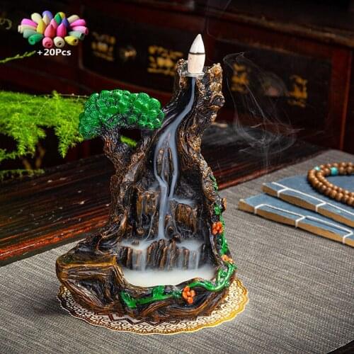 +50Pcs Incense Cones Handmade Resin Incense Burner Rockery Mountain Water Tree House Landscape Waterfall Backflow Incense Holder