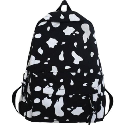 Cute Milk Cow Printing Canvas Backpack Large Capacity Daypack Travel Bookbag Teenagers Girls Schoolbag