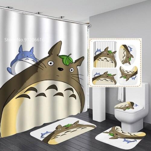 My Neighbor Totoro Bathroom Sets 4 Piece Sheep Bear Hippo Monkey Bath Curtain Toilet Lid Cover Bath Rug Mat Shower Curtain Sets
