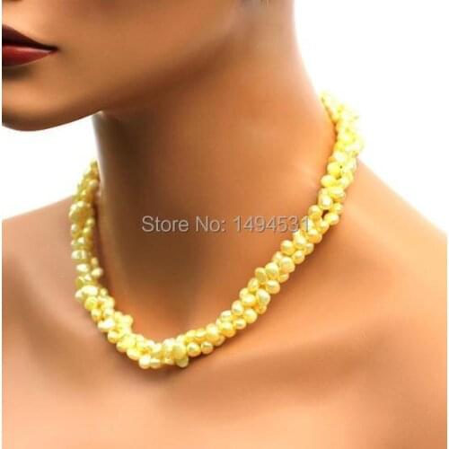 Wholesale Pearl Jewelry - 3 Strands Yellow Golden Baroque Genuine Freshwater Pearl Necklace Earrings - Handmade Jewelry Set