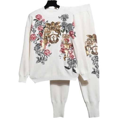 Autumn Winter Tops Women Pants Set Korean Sequin Embroidery Flowers knitted Sweater + Little feet Harem Pants Two Piece Set H695