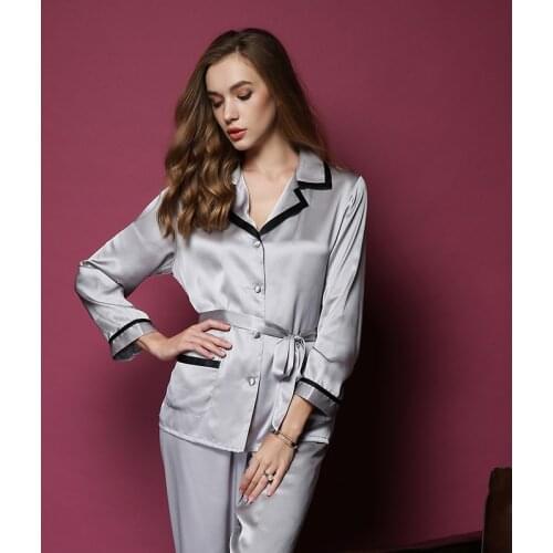100% Mulberry Silk Pajamas For Women Luxury Brand New Solid Color Sleepwear Spring Autumn White Two-piece Suit pyjamas Set