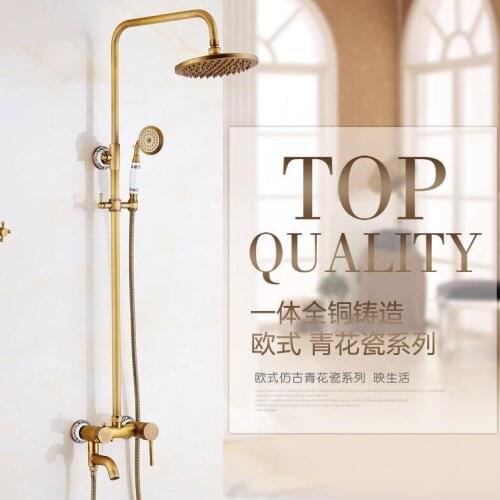 Luxury Bathroom Brass ceramic Antique Shower Faucet Set Single Handle Wall Mount Exposed Rainfall Shower Mixer Tap
