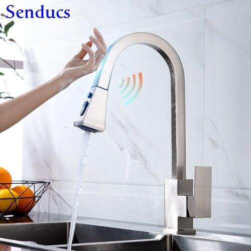 Sensor Kitchen Faucet Senducs Touch Kitchen Mixer Tap Pull Down Square Smart Touch Kitchen Faucet Brushed Black Touch Water Tap