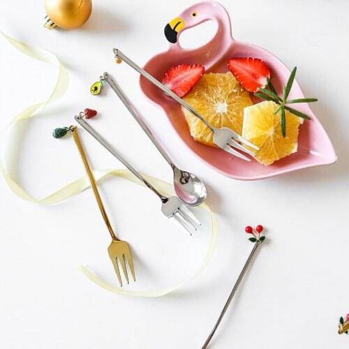 Stainless Steel Creative Cartoon Fruit Fork Spoons Long Handle Mixing Stirring Teaspoon Dessert Cake Spoon Tableware Wholesale