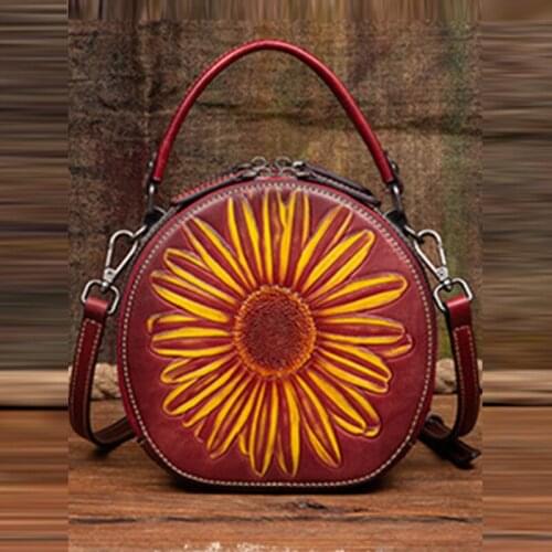 Genuine Leather Women Circular Messenger Shoulder Top Handle Bag Sun Flower Female Lady Real Cowhide Cross Body Tote Hand Bags