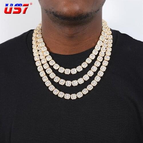 US7 11MM Clustered Diamond Tennis Chain In White Gold AAA CZ Stone Cubic Zircon Box Clasp Chokers Necklaces For Men Jewelry