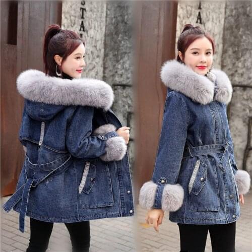 Vintage Female Winter Denim Jacket With Fur Jeans Coat Casual Outerwear Loose Thick Warm Hooded Windbbreaker Cowboy Parka y500
