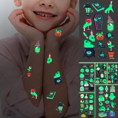 Halloween Temporary Tattoo Sticker Waterproof Coffin Pumpkin Skull Magic Hat Luminous Tatoo Arm Glowing Tatto On Man Woman Child