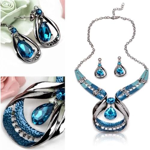 High Qulity Women Crystal Pendant Necklace Earring Sets Charms Elegant Blue Pendant Necklaces Earrings Vintage Jewelry Set Gifts