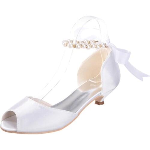 Ladies Open Toe two Piece D'osay Kitten Heels Elegant Satin Dress Shoes with Ribbon Bow Pearls Ankle Strap Wedding Bridal Pumps