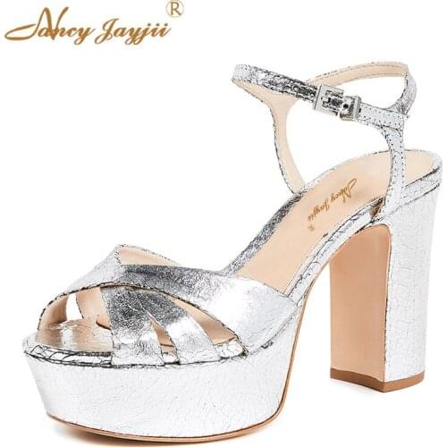 Women Sandals Ladies Patent Leather Shoes Slivery solid Platform Ankle-Wrap Super High Thin heels Sweet Leisure Fashion 2019