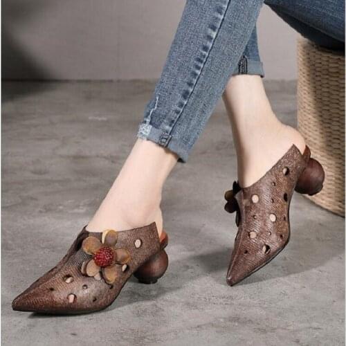 Summer Genuine Leather Outside Retro China Style Flowers Strange Style Heels Women Slippers Hollow Lady Leather Sandals 20190614