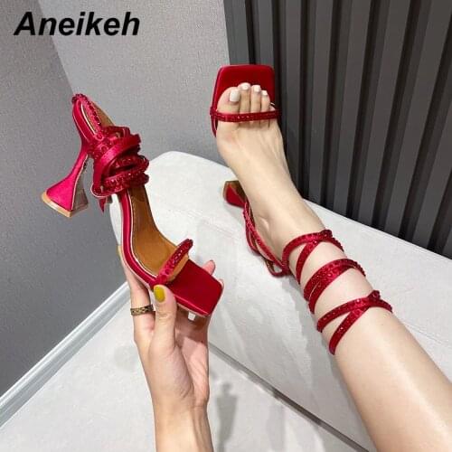 Aneikeh 2021 Womens Shoes PU Fashion Bling Cross-Tied Spike Heels Sandalias Mujer Party Classics Rome Polka Dot Lace-up Summer