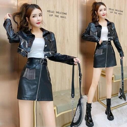 Women 2021 Spring Autumn Fashion 3 Piece Set Female Short Jacket Coat +sling Top and Short PU Leather Mini Skirt Outfits B207