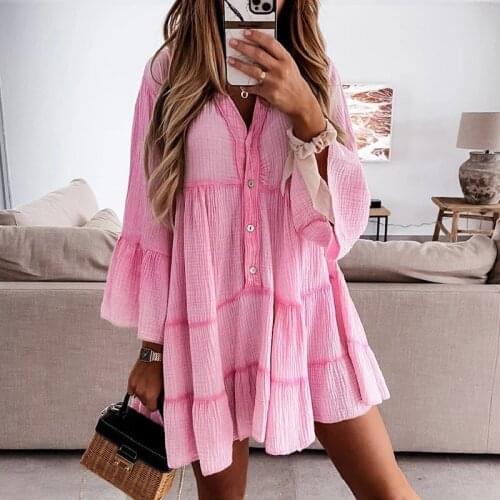 Womens 2021 summer V-neck loose dress Womens big swing banquet dress New stitching button-style ladies dress vestidos