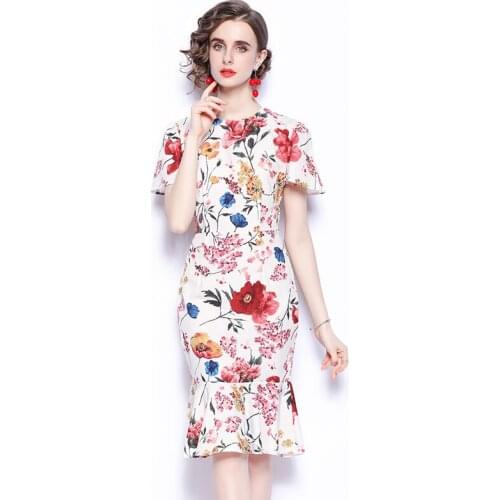 Menahem 2021 Summer Runway Lily Dress Women Elegant Butterfly Sleeve Ruffles Slim Trumpet Flower Print Lady Beach Party Vestidos