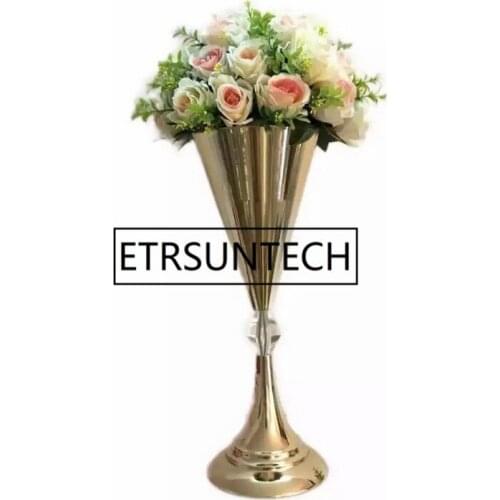 10pcs/lot Gold Vase 48CM / 18.9" Flower Vases Brief Wedding Table Centerpiece Event Table Road Lead Flower Rack For Home Decor