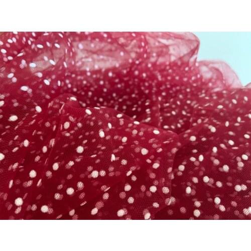 1 yard wine red tulle fabric with velvet polka dots