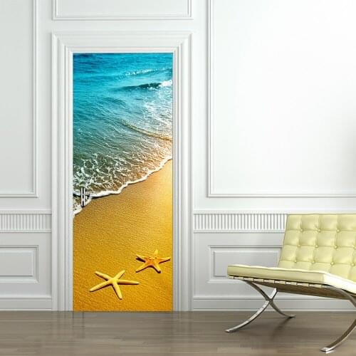 2Pcs/set DIY 3D Door Stickers Beach Starfish Pattern Large Wallpaper Wall Sticker Living Room Door Home Decoration Accessories