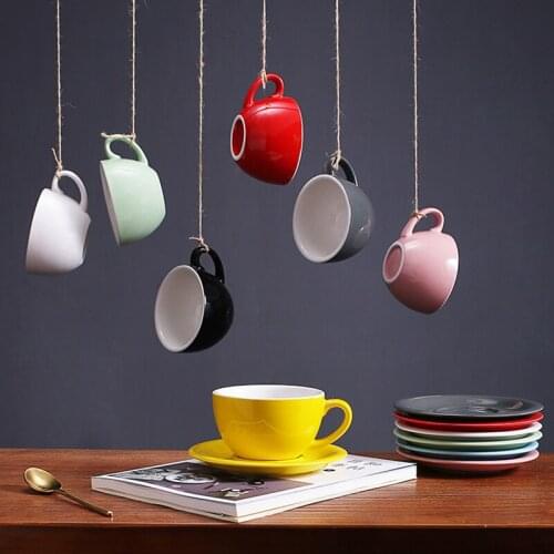 300ml Macaron Wide Mouth Latte Art Coffee Cup With Saucer European Thick Colored Glaze Ceramic Coffee Cup Set Free Shipping