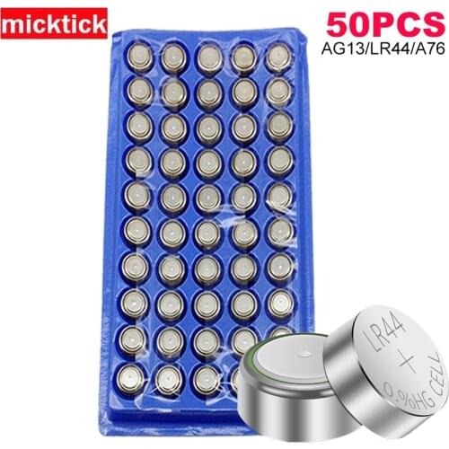 50 Pcs AG13 LR44 357 A76 SR44 Alkaline Battery 1.5V GP76 Lr 44b L1154c 303 Button Coin Cell Batteries for watches toys