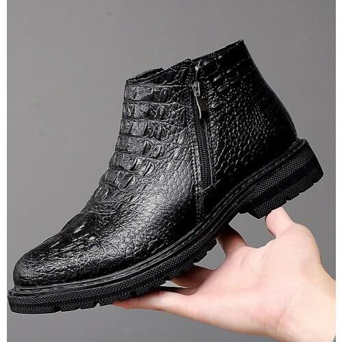 OLOMLB Mens Warm Winter Ankle Boots Crocodile Pattern Side Zipper Riding PU Leather Shoes Punk Black Brown Plus Size New