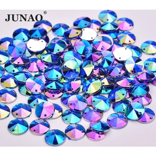 JUNAO 10mm Sewing Blue AB Crystal Rhinestones Flatback Acrylic Strass Appliques Sew On Round Rivoli Beads for Dance Dress Jewel