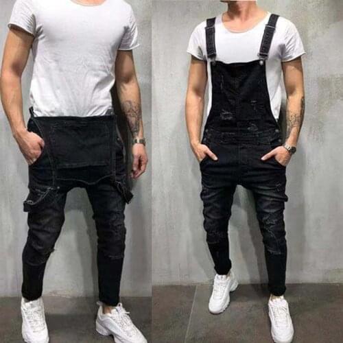 Mens fashion Ripped Jeans Jumpsuits Ankle Length Black Blue Casual Distressed Denim Bib Overalls For Men Suspender Pants