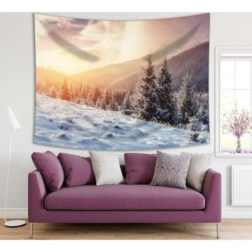 Tapestry Mysterious Winter Landscape of The Carpathian, Ukraine Sunset over Snow Covered Foggy Forest Mountains Scene