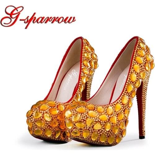 Customized Gold Rhinestone Platform Heels Plus Size Bride Dress Shoes Fomral Dress Shoes Banquet Evening Party Pumps with Clutch