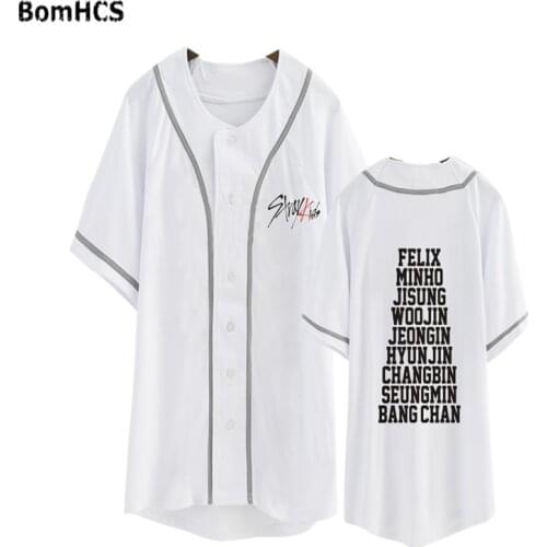 Kpop Stray Kids Fanamde Cotton Short Sleeved Baseball T-shirt Uniform Casual Tee Loose Sport Tee (White Black)