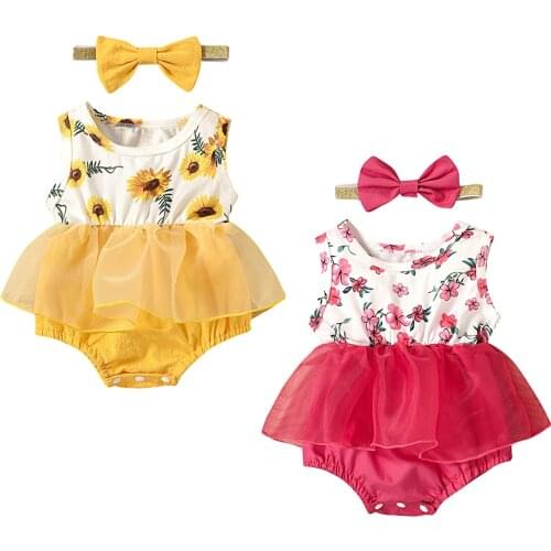 Summer Baby Girl 2Pcs Set Floral Print Dress-Style Mesh Sleeveless Bodysuit+Headband Clothes 0-24M Newborn Infant Suit